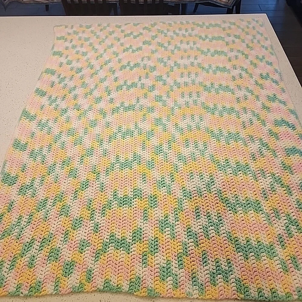 Vintage Crochet Baby Blanket Green Yellow Pink White 40x49